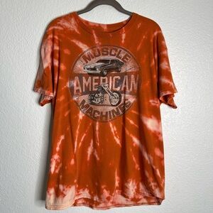 Bleach Dyed Orange Muscle Car Graphic T-Shirt Medium